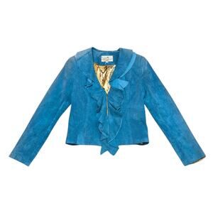 Y2K Scully Ruffle Boar Suede Jacket Tuquoise Blue Long Sleeve Medium Leather